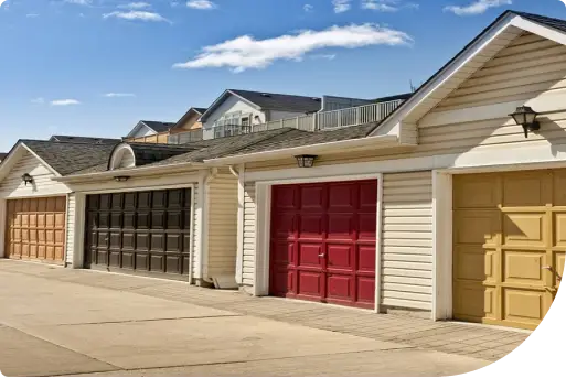 Row of multicolored garage doors