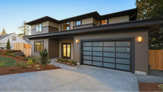 Single family home with glass garage door